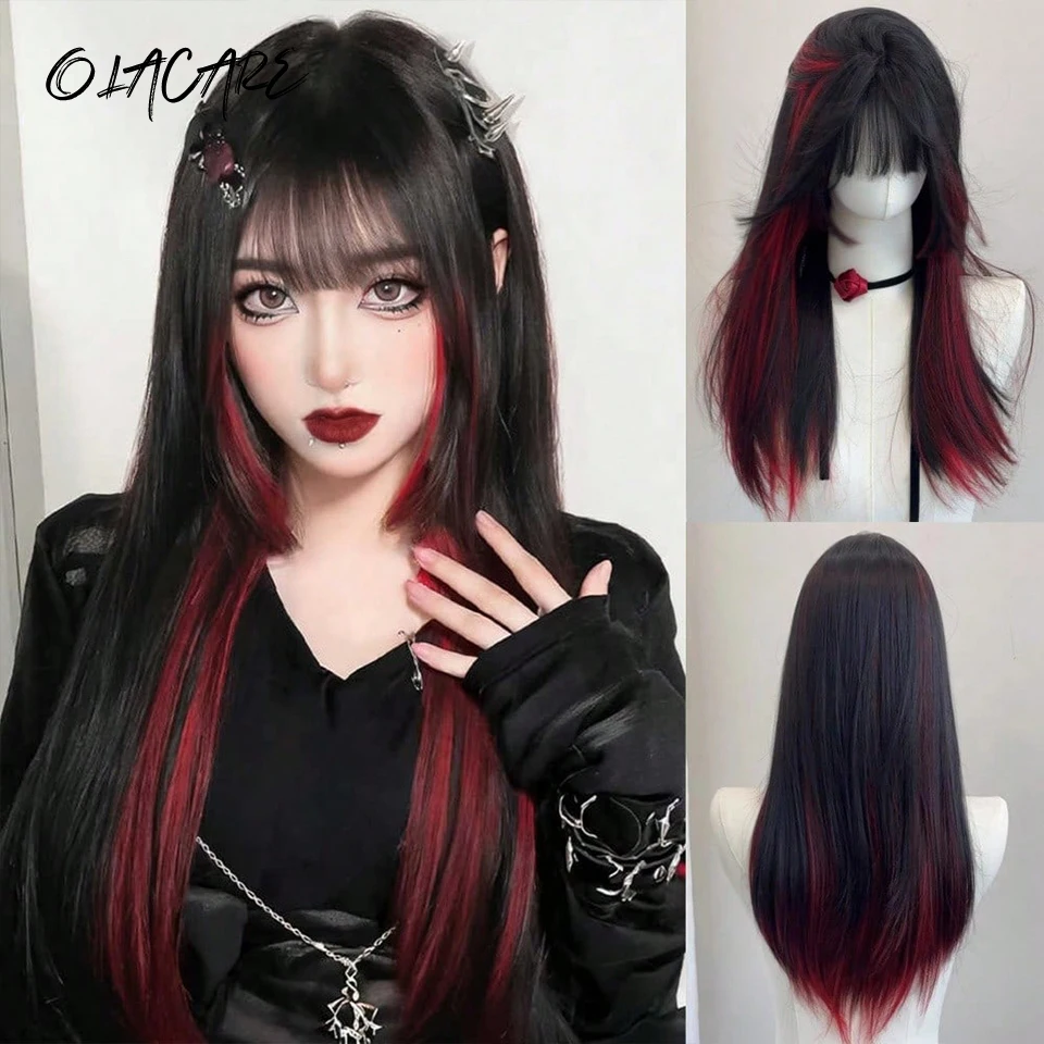 

OLACARE Long Wavy Synthetic Black Red Omber Wigs with Bangs Cosplay Hairs Wig for Women Daily Natural Heat Resistant