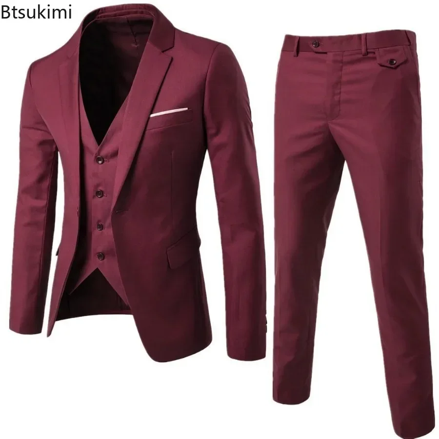 New2024 Men\'s Formal Business Office 3PCS Suit Sets Oversized Blazer+Vest+Pants Sets Male Evening Party Wedding Men\'s Sets S-6XL