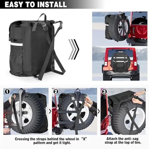 

Black Universal Spare Tire Mount Trash Storage Bag For Trucks SUVs Cars, Holds Wheels Up To 40 Inches, Easy X-Strap Installation