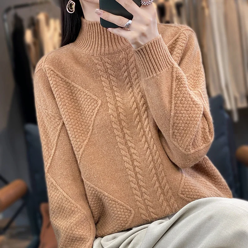 2024 Women\'s Cashmere New Retro High Quality Fashion Half High Collar Pullover Autumn and Winter New Solid Color Cashmere Pullov