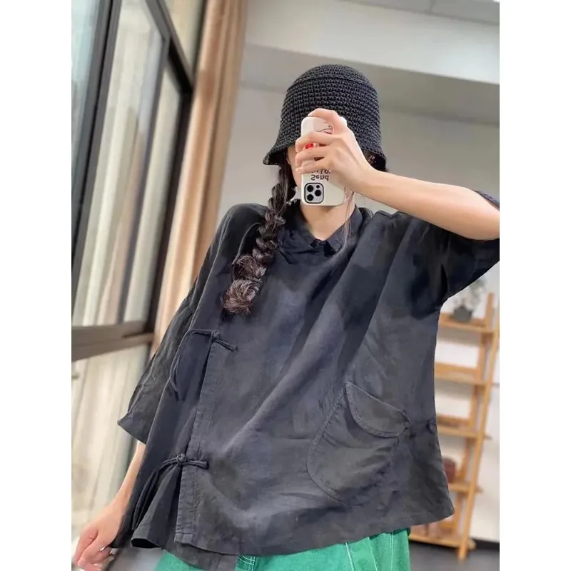 

Женская блузка из льняной смеси с традиционными китайскими пуговицами-узлами, рукавом три четверти, свободного кроя, повседневная, с карманом