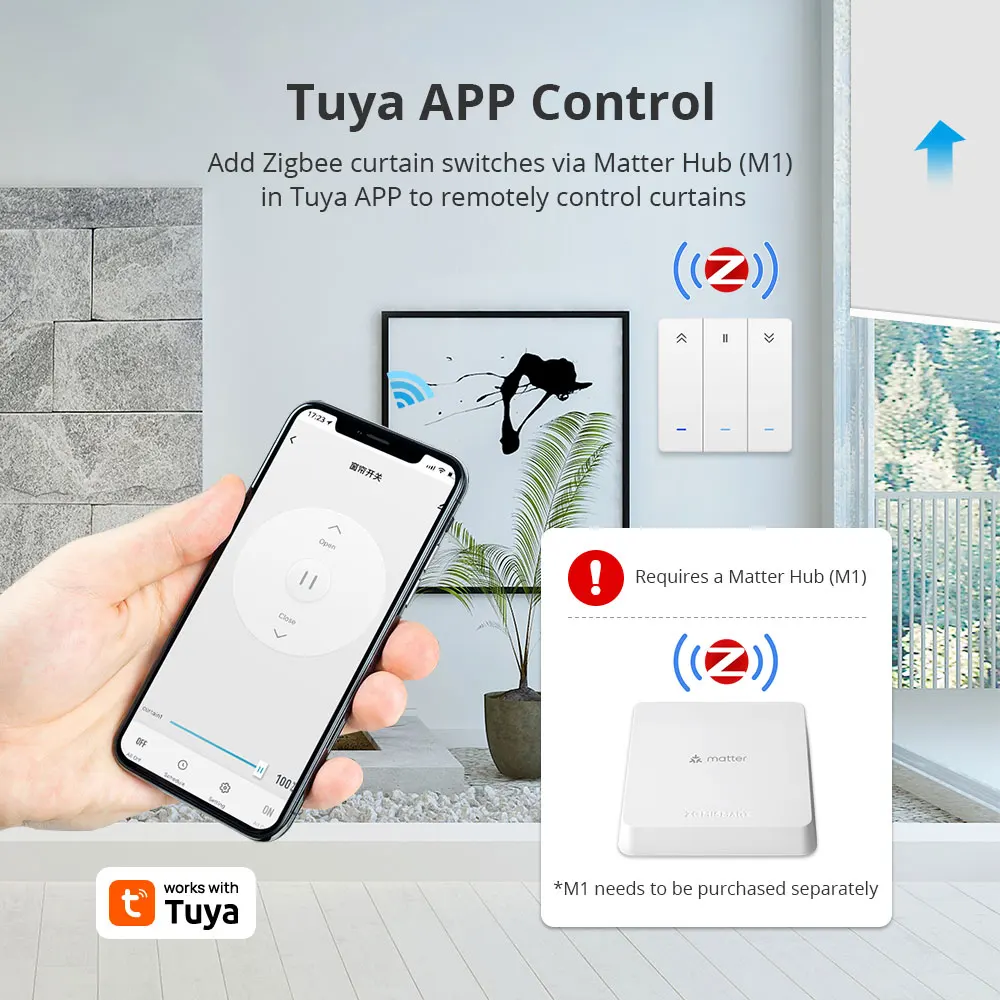 Yagusmart Zigbee Smart Curtain Switch for Roller Shade Motor Push Switch Work with Tuya APP Alexa Echo Google Home Timer Control