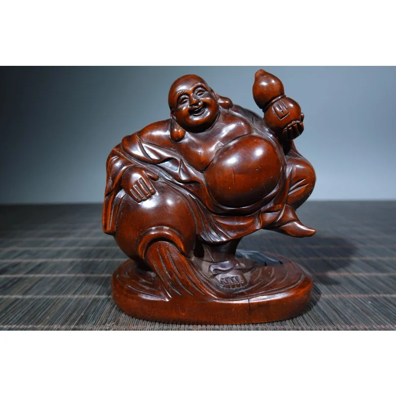 

7.1" Chinese Box-wood Carving Buddhism Maitreya Buddha Hold Gourd Stand Statue Craft Gift Decoration Home Decore