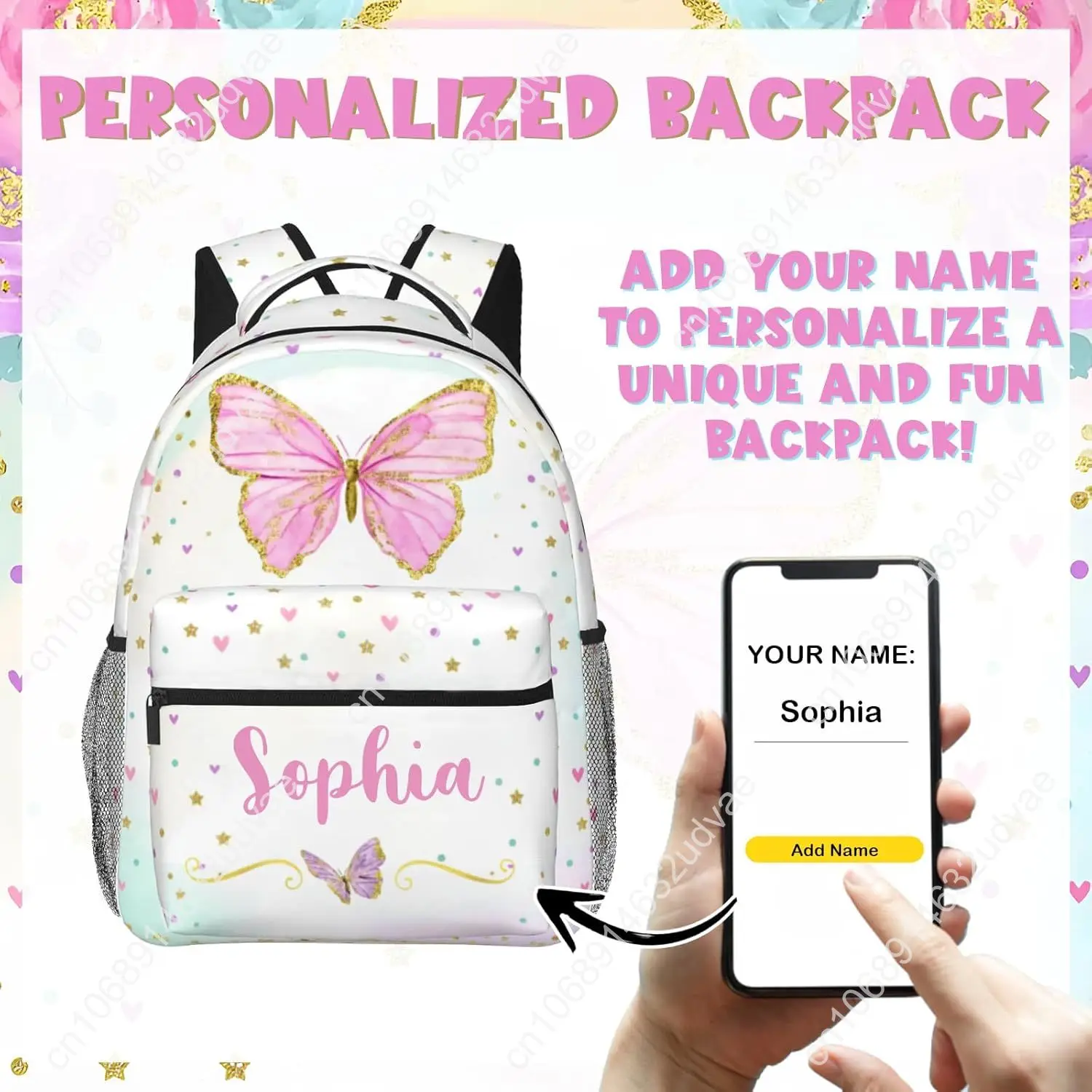 Personalized Backpack for Girls Boys, Custom Backpacks with Name for Kids, Customized Butterfly School Bookbag for Back to Schoo