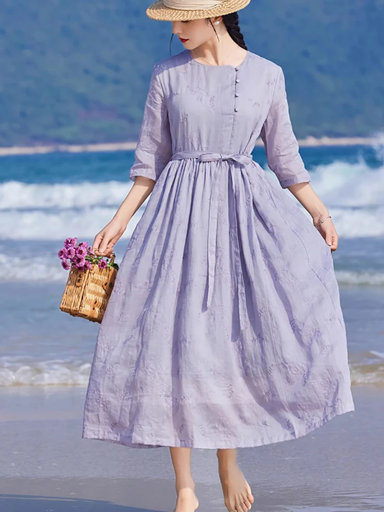 

High-End Original Chinese Style Silk Dress Women's round Neck Embroidery Skirt A-Line Long Dress Artistic Flared Skirt