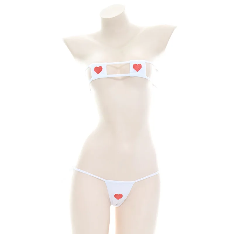 Lencería Sexy japonesa Lolita Kawaii, corazones blancos y negros, Mini Bikini para adultos, disfraces eróticos, sujetador, conjuntos de ropa