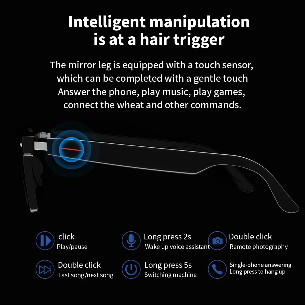 Gafas inteligentes para cámara, lentes polarizadas con filtro de luz azul, Audio, micrófono incorporado, altavoces, asistente de voz y música