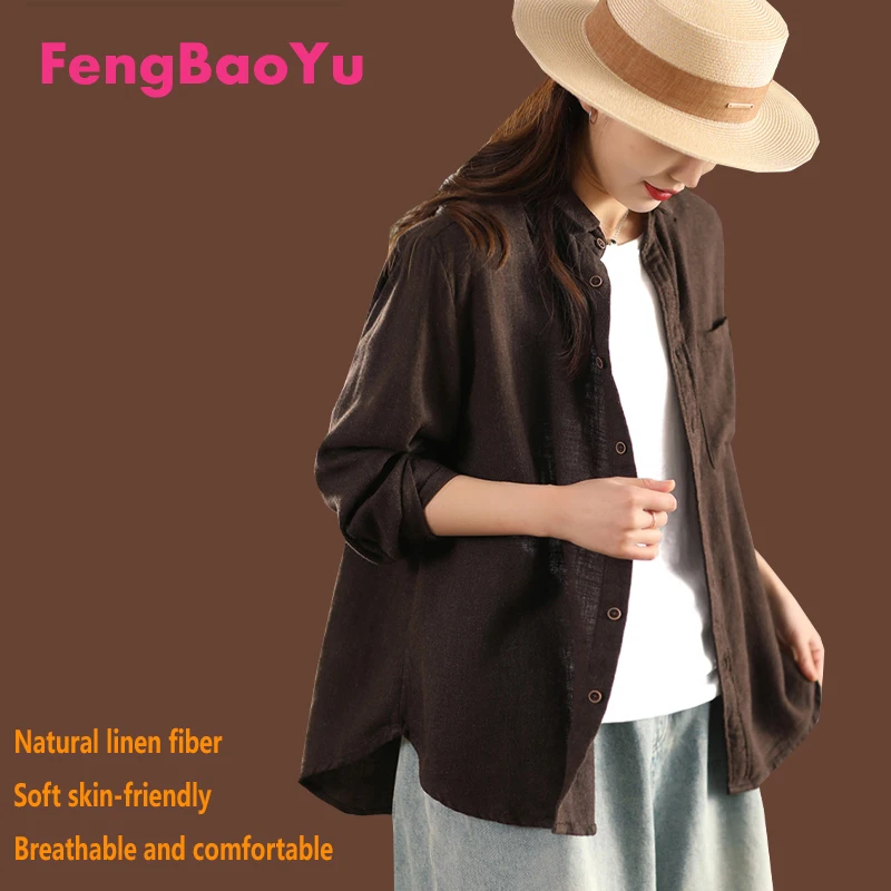 Damenhemd aus 100 % natürlichem Leinen – langärmeliges Hemd mit Kragen, Retro-elegantes Freizeit-Outfit für Outdoor-Aktivitäten, Komfort