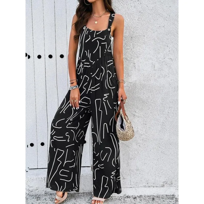 

Plus Size Women's New Fashion Button Sexy Sleeveless Suspender Temperament Printed Casual Belt Pocket Jumpsuit