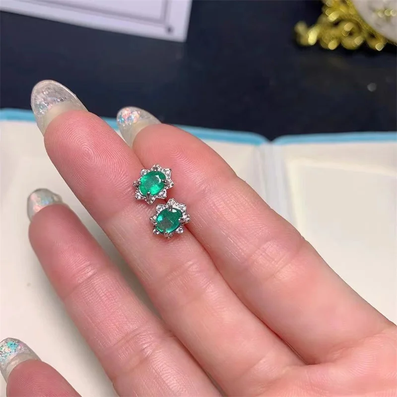 

925 Silver Natural Emerald Stud Earrings for Women with Certificate