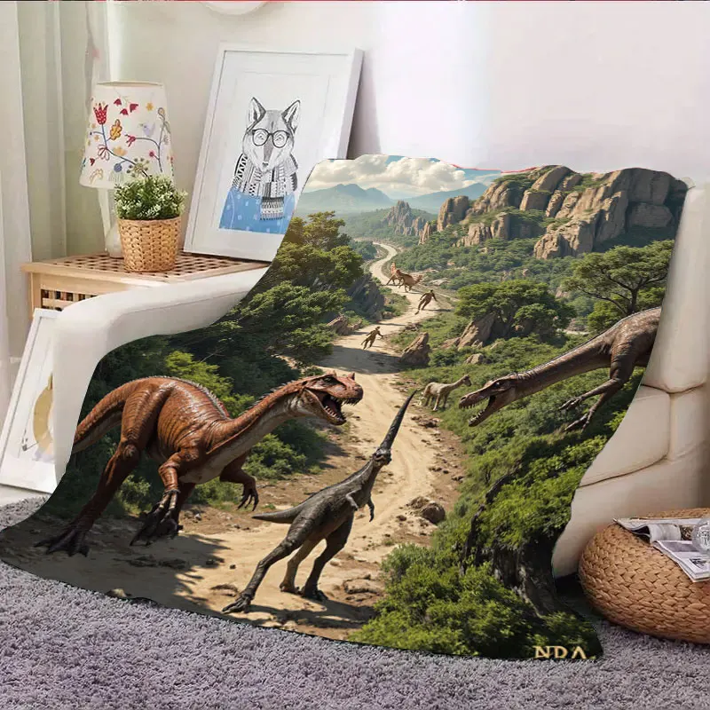 Koc Flanelowy Dinozaur Przygoda - Scena z Lasu Przedhistorycznego z Tyranozaurzem i Velociraptorami