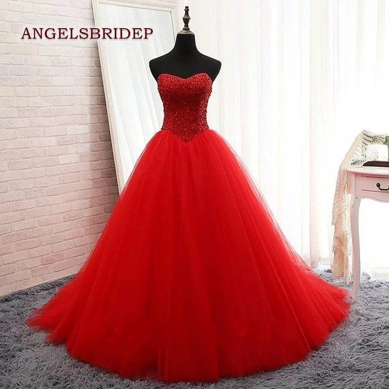 

ANGELSBRIDEP без бретелек красные платья для Quinceanera Vestidos De 15-летние блестящие бусины Тюль Вечерние платья на день рождения Лидер продаж