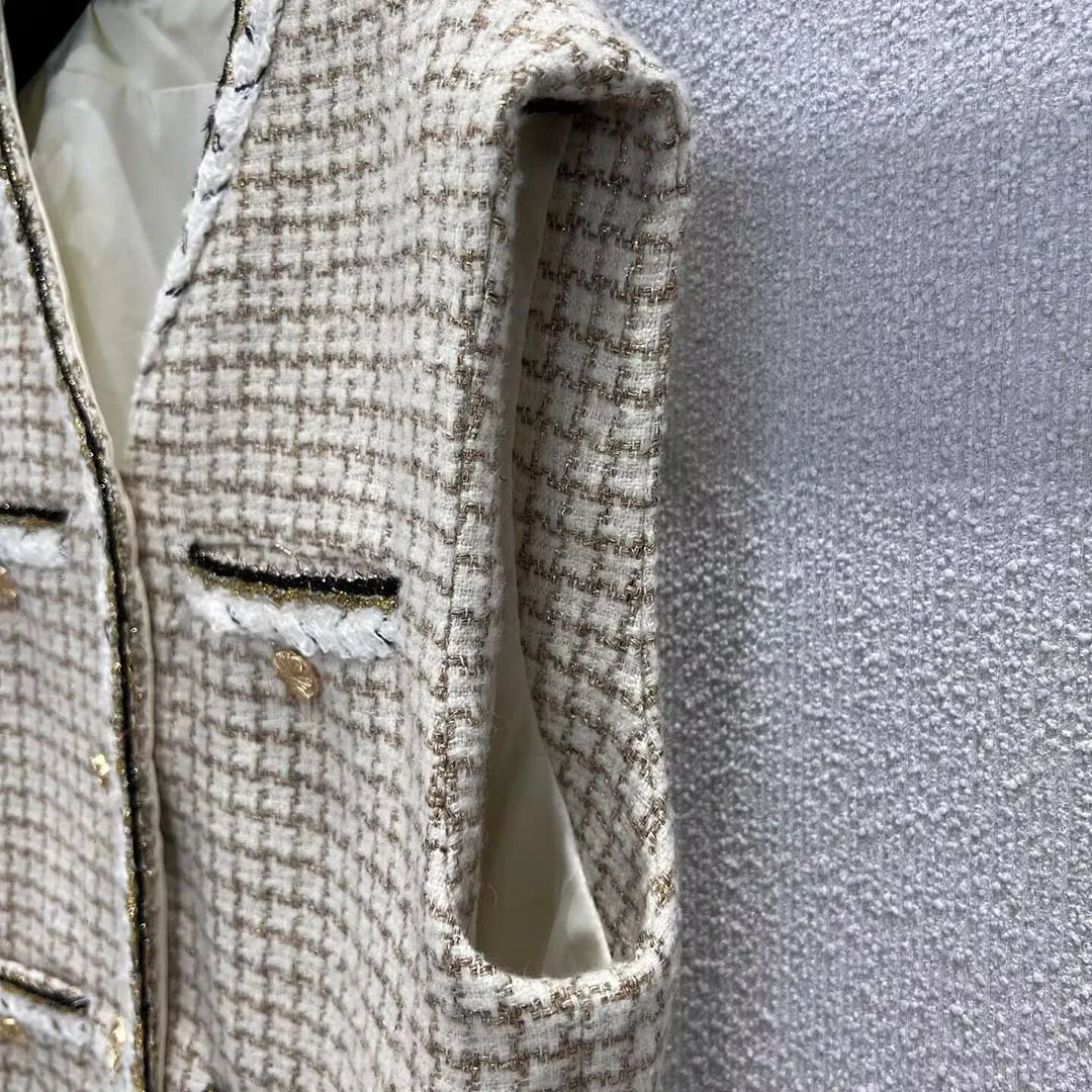 New Spring Fashion Gold Thread Woven Plaid Wool Blends Tweed Vest Jacket Women V-neck Single Breasted Sleeveless Cute Short Tank