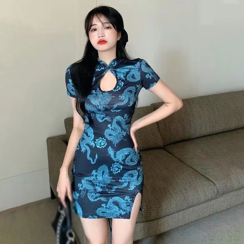 

Reformed Cheongsam Slit Design Suspender Dress Hottie Streetwear Print Chinese Style Slim Fitting Sexy Wrap Dress Summer