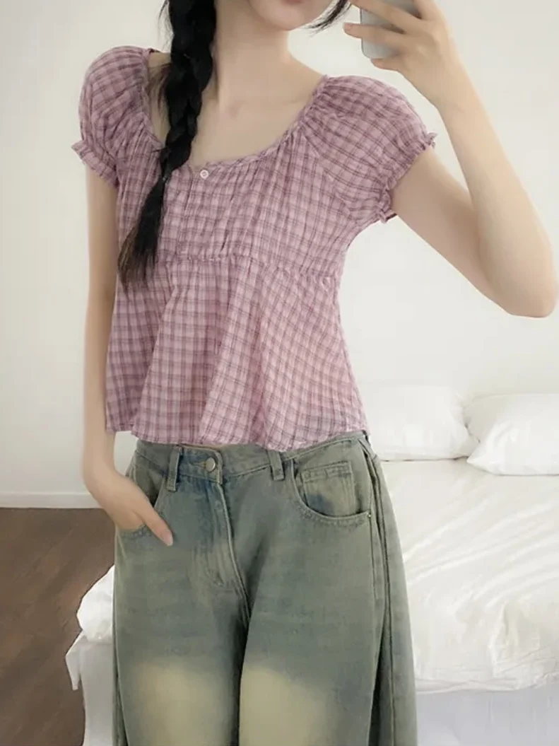 Fre Sle Bubble Sve irt Chic New Women's ort Design Doll Top round Ne Casual Summer Faion Small Size Friendly