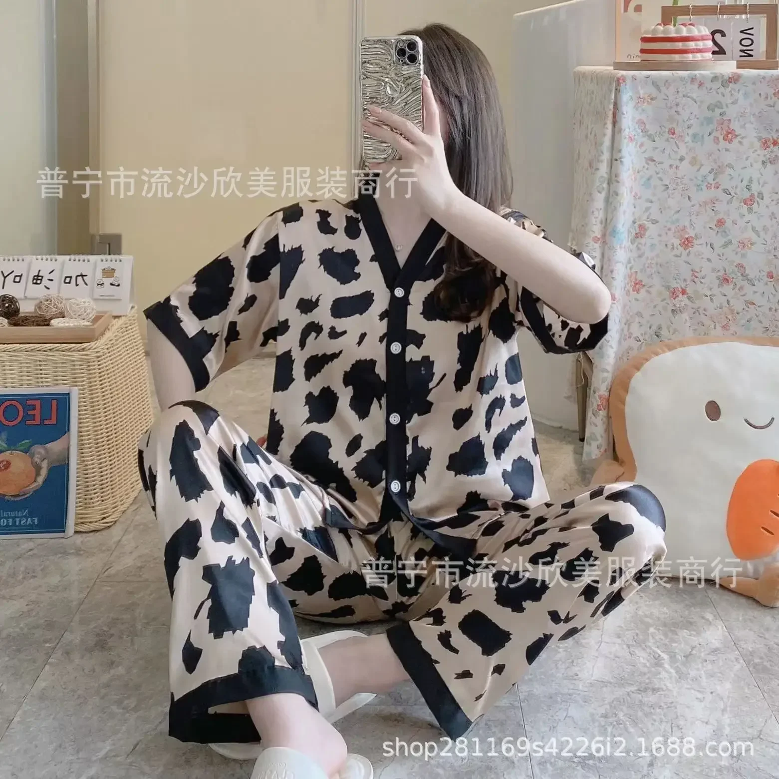 Women Ice Silk Pajamas Two-piece Female Short Sleeve Long Pant  Pajama Set Cardigan Simulation Silk Lapel Loungewear Set Pajama