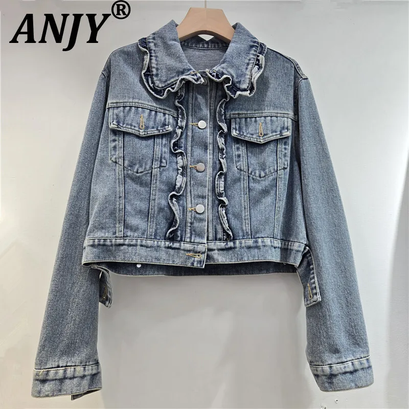 

ANJY Autumn New Korean Chic Denim Jacket Ruffled Design Long Sleeve Turn-down Collar Versatile High Street Trendy Y2K Coat A8899