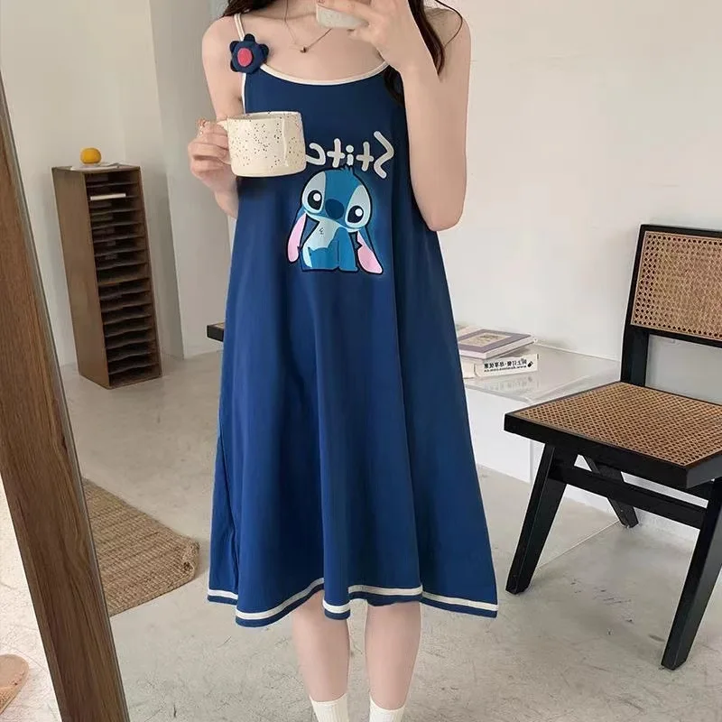 New Summer Sleep Dress Women Adorable Cartoon Loose Mid-Length With Chest Pad Non-Removable Sleep Dress