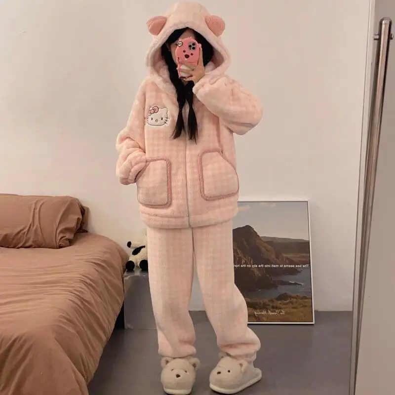 Kitty Cartoon Neue Korallen Samt Pyjamas Roben Winter Samt Verdickt Flanell Mittlere Länge Mit Kapuze Schlafen Kleid Set Hause Kleidung