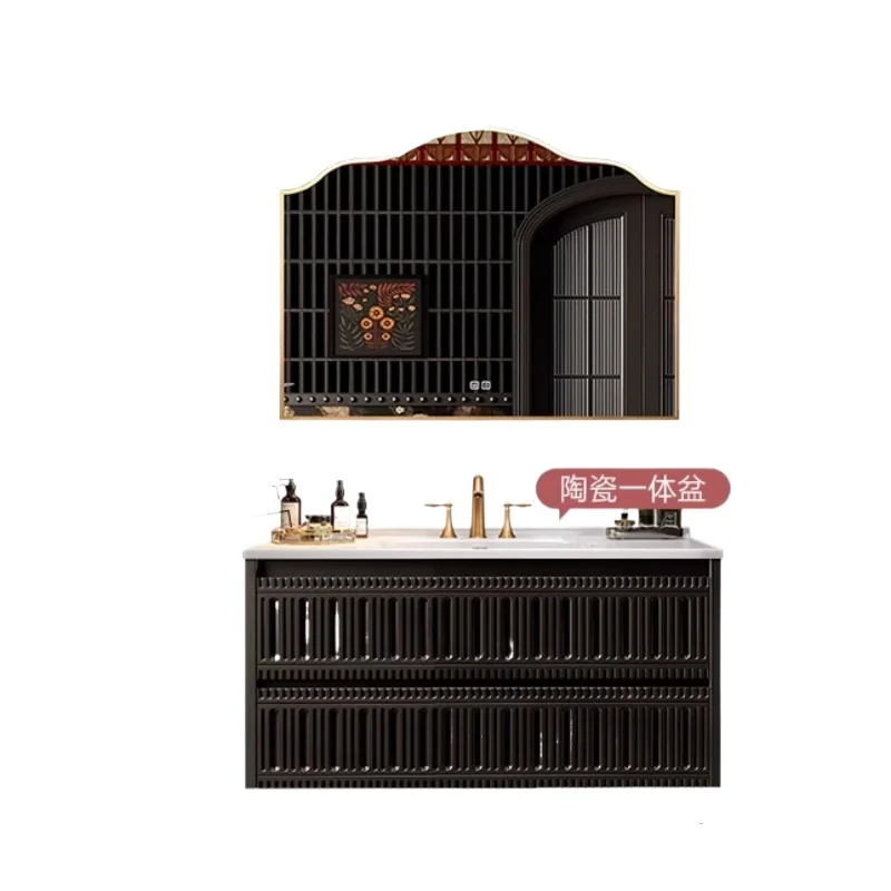 

Шкаф для ванной комнаты во французском стиле, встроенный умывальник, подвесной тип, туалет из резинового дерева, умный шкаф для ванной комнаты