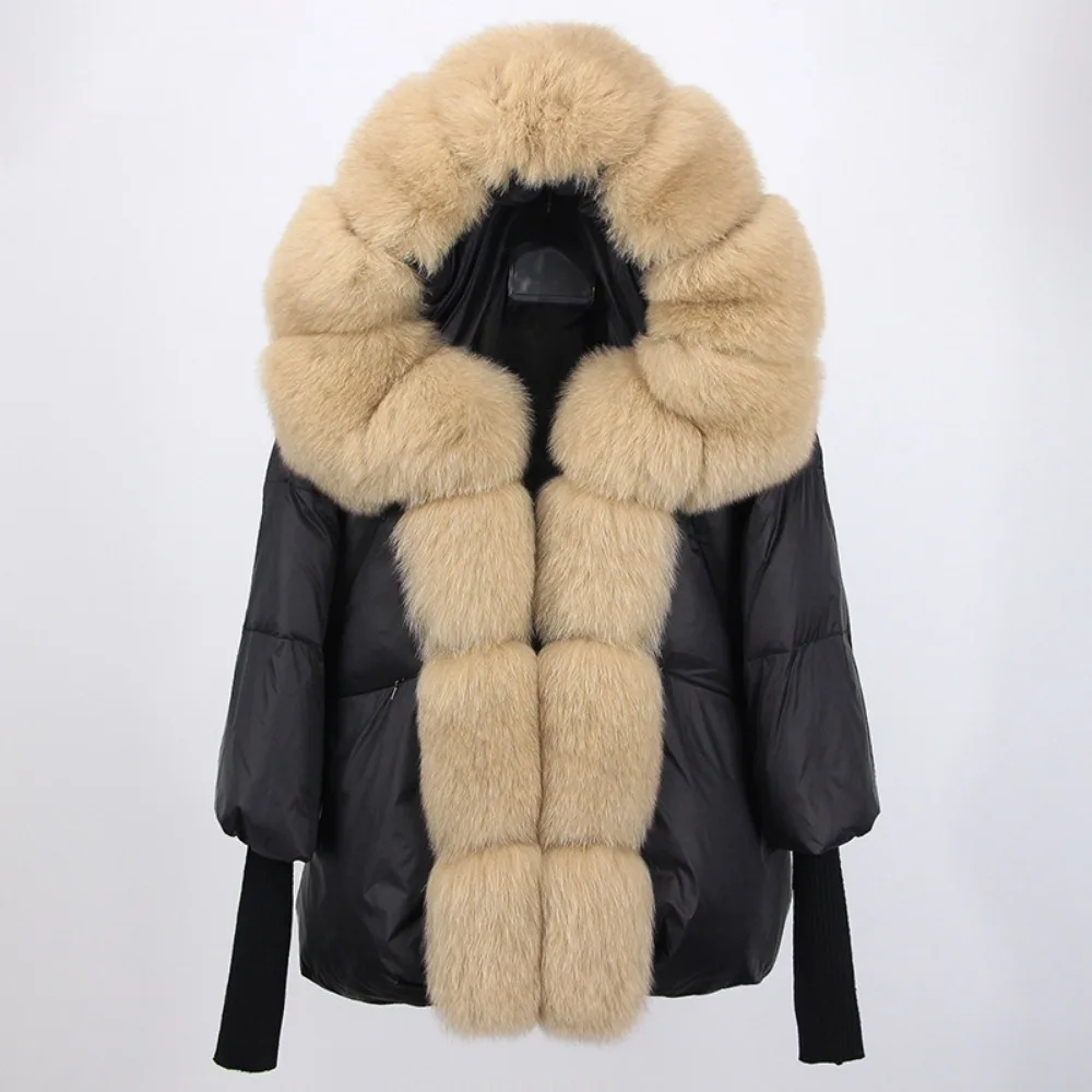 Loose Real Fox Fur Collar Hooded Natural Oversize Puffer Jacket Women Thick Warm Streetwear Outerwear Duck Down Coat Winter