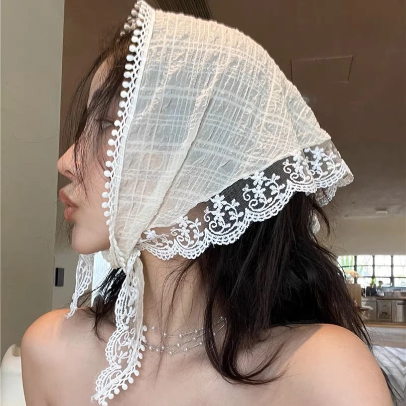 Korean Ins Lace Hair Scarf Women Retro Triangle Hair Band Strap Hair Bag Headscarf Hat Travel Photo Headband Turban Accessorie