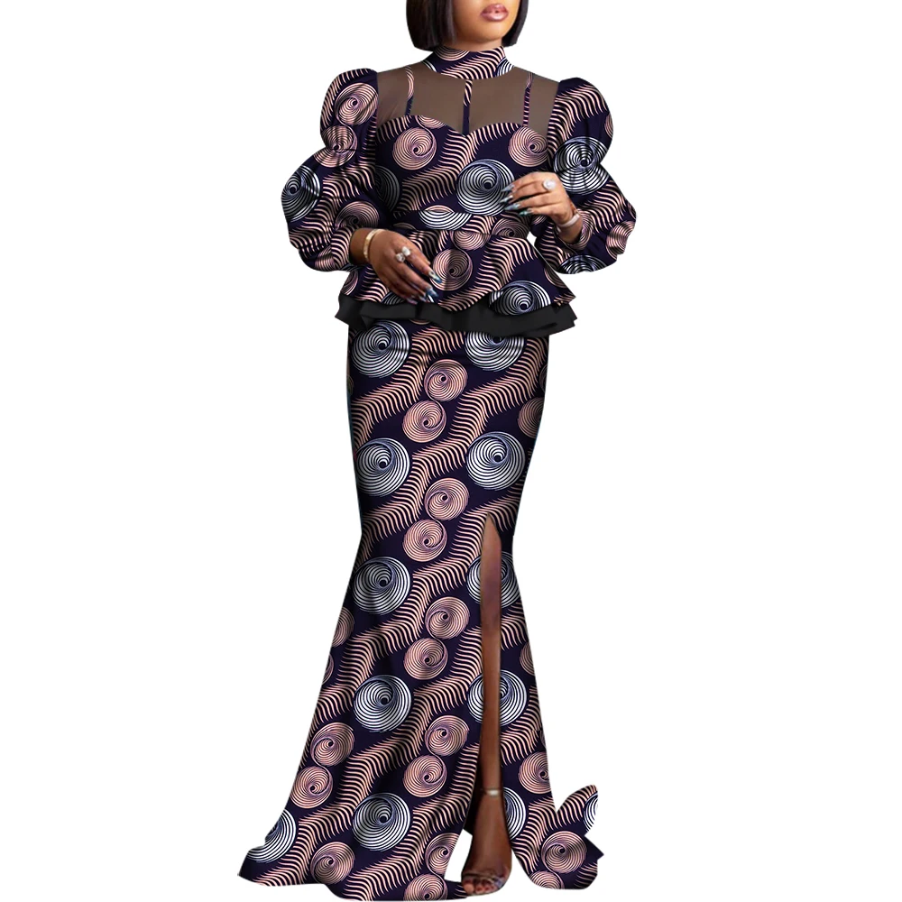 2 Pieces Set Women Skirt and Top Set African Clothes for Women Print Clothing Ankara Blouse and Split Skirts Suits Set WY8456