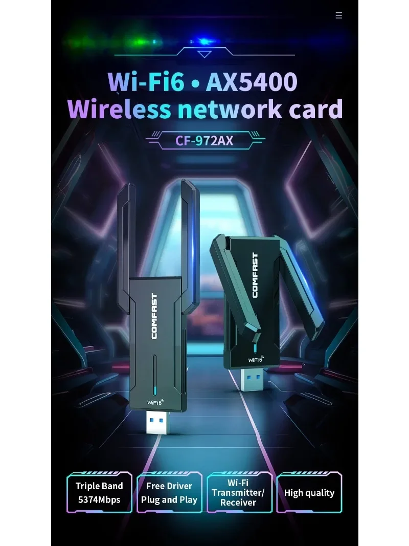 For AX5400 WiFi USB Adapter WPA3 encryption 2.4G/5.8G/6GHz USB3.0 WiFi 6 Gigabit Signal Receiver Wireless Lan Card for Win10/11