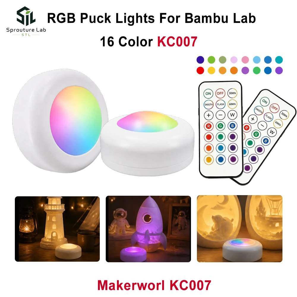 Światła Puck do Bambu Lab KC007, zdalnie sterowane RGBW, zestaw DIY z regulacją, 16 kolorów, okrągły zestaw lamp LED z kontrolerem, części do druku 3D. — zdjęcie produktu 2