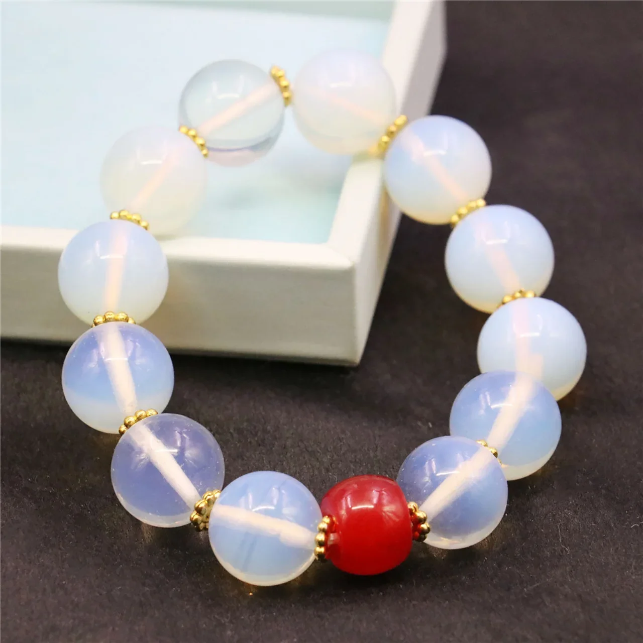 14mm White Round Moonstone Red Rubys Bracelet Natural Stone Jewelry Making Design Alloy Flower Septal Beads Women Girls Gifts