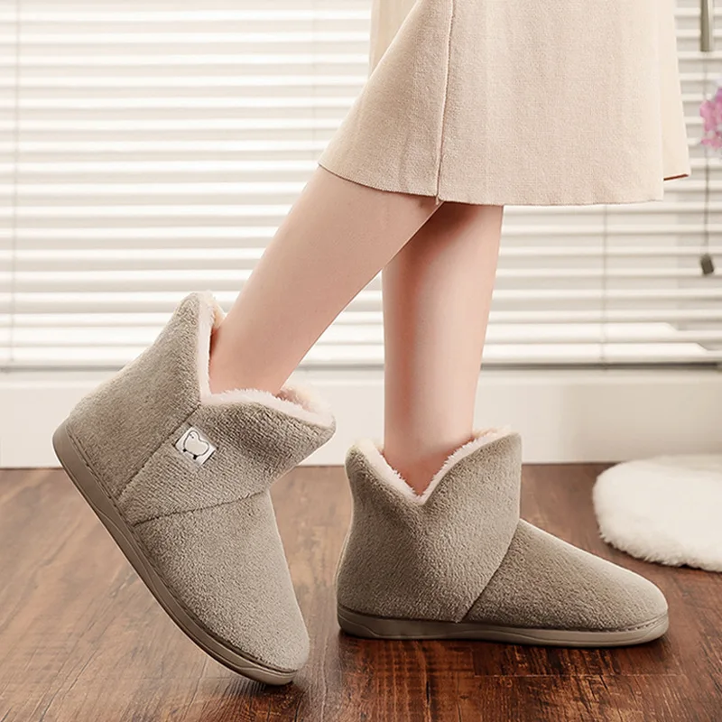 Women Warm Slippers Couples Winter Shoes Soft Plush High Top Female Male Indoor Home Floor Boots Anti-slip Ladies House Slipper