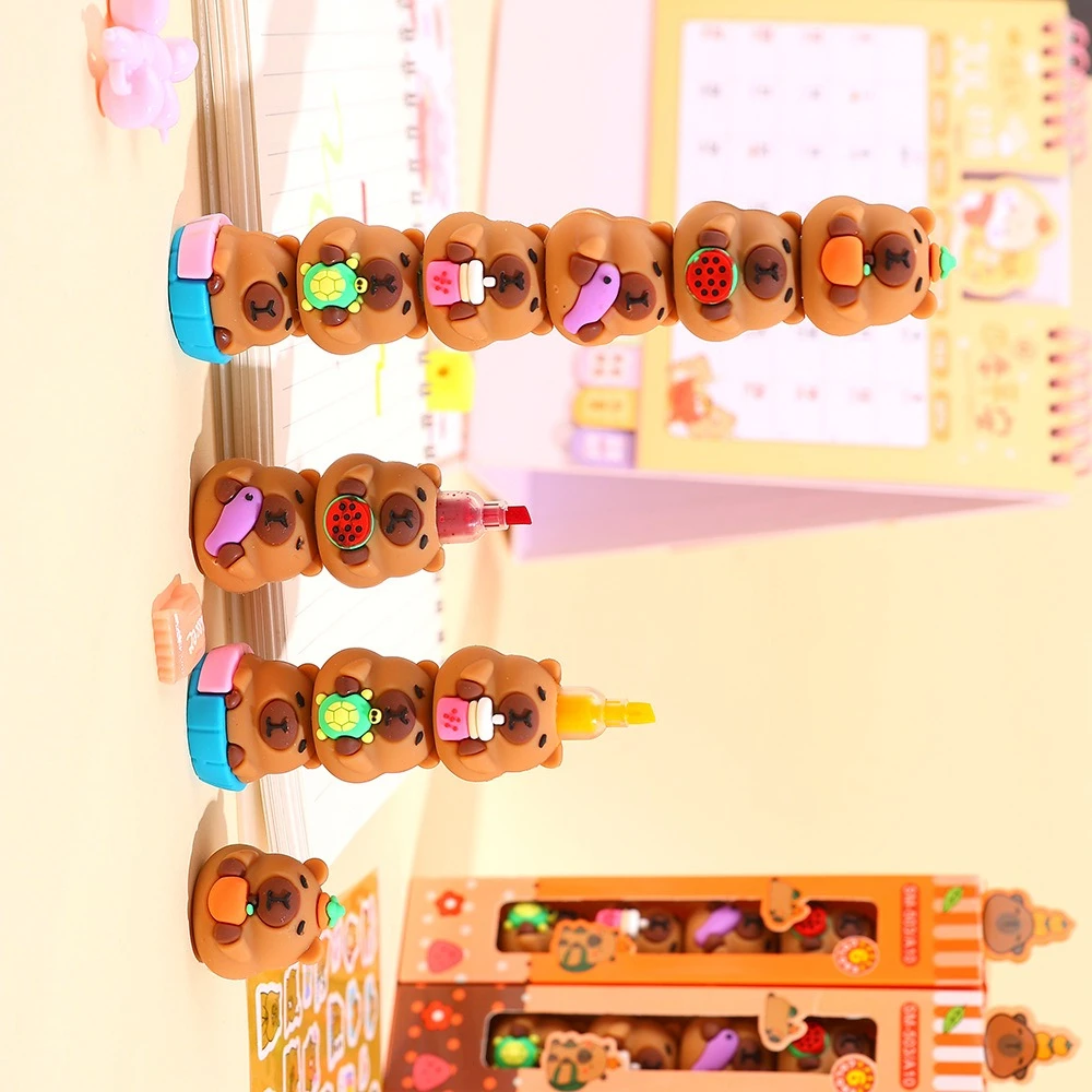 1pc 5-Color Capybara Stackable Highlighter Markers, Kawaii 5-Color Cartoon Highlighters, Chisel Tip Fluorescent Pens
