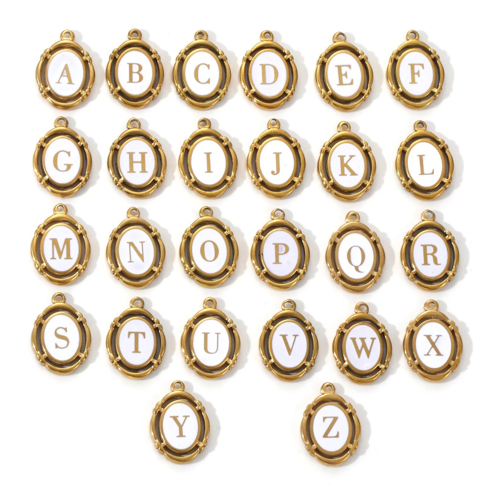 1 قطعة 304 الفولاذ المقاوم للصدأ الأولي رسالة سحر 18K مطلية بالذهب الأبيض المينا البيضاوي كابيتال الأبجدية "A-Z" قلادة DIY 20 مللي متر x 14 مللي متر