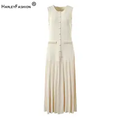 Lady Designed Fine Workmanship Beading Cloth O-neckline Sleeveless Single-breasted Fit And Flare Knits Long Dress