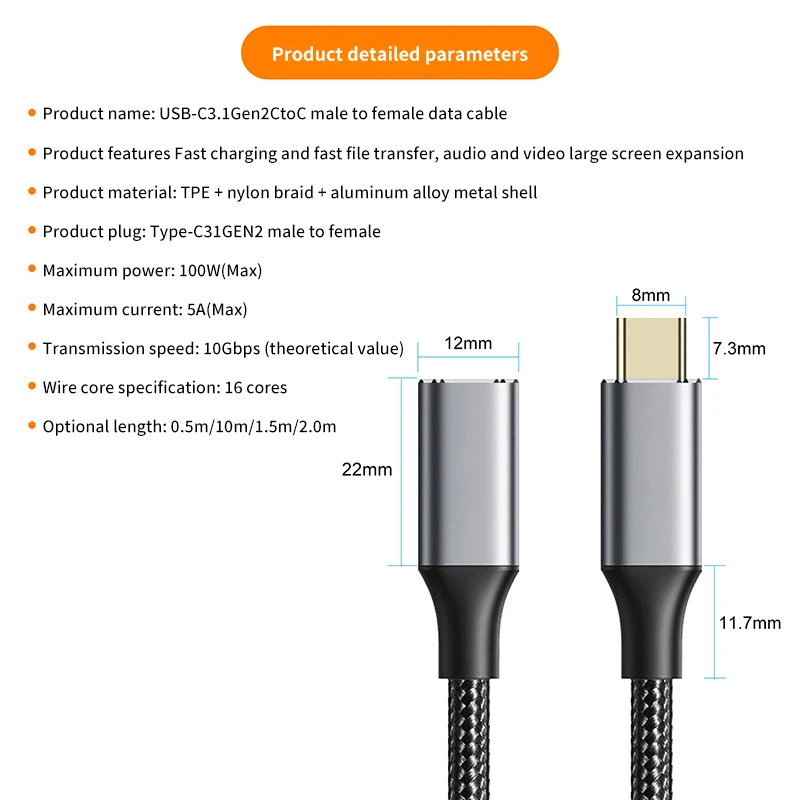 USB 3.1 Type C Extension Cable PD100W 10Gbps USB C 5A Fast Charging Cable Extend Male to Female 4K Audio video Cable Extender