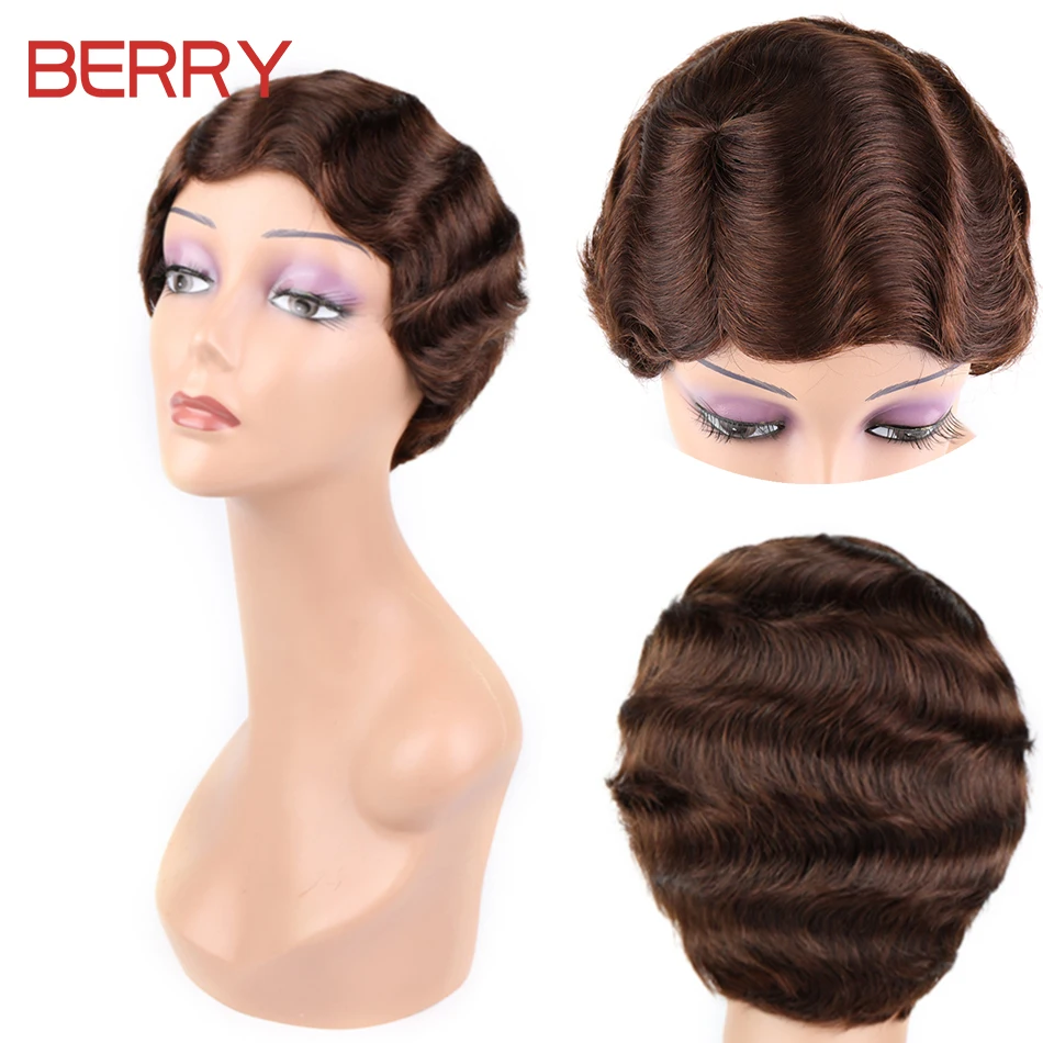 Ladies Black Blonde Brown Short Finger Wave Curly Wigs Cheap Brazilian Human Hair Wig for Black Women Ocean Finger Wave Wigs