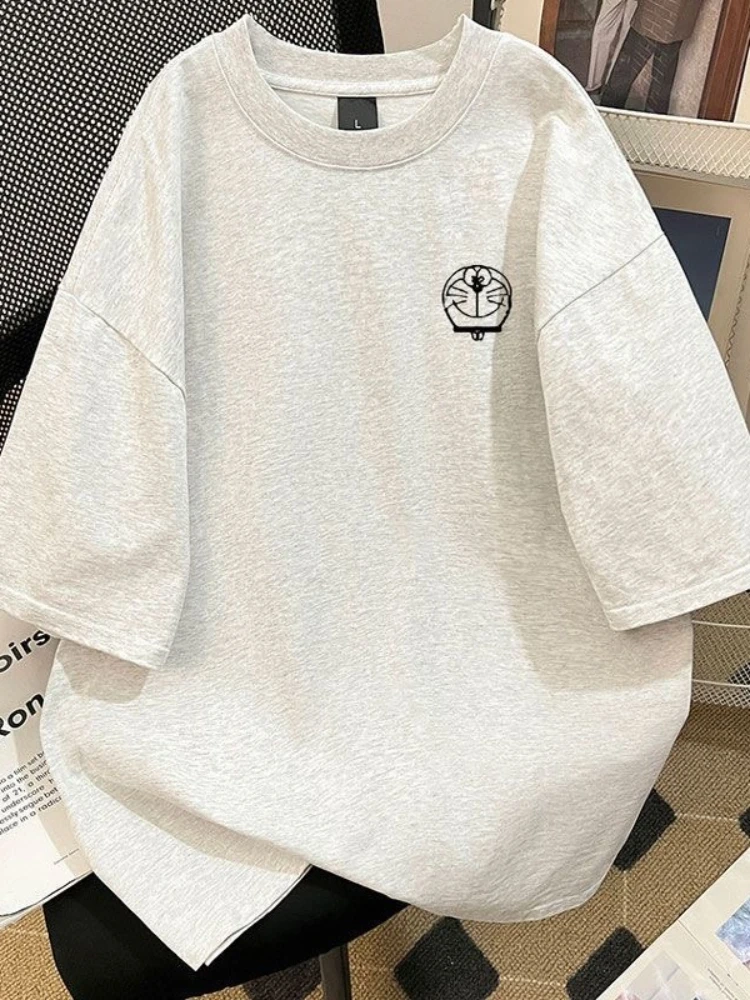 2025 الصيف الاتجاه فضفاض اليابانية الحد الأدنى خطوط الكرتون عبقور قصيرة القطن الخالص كم تي شيرت للرجال والنساء زوجين #2