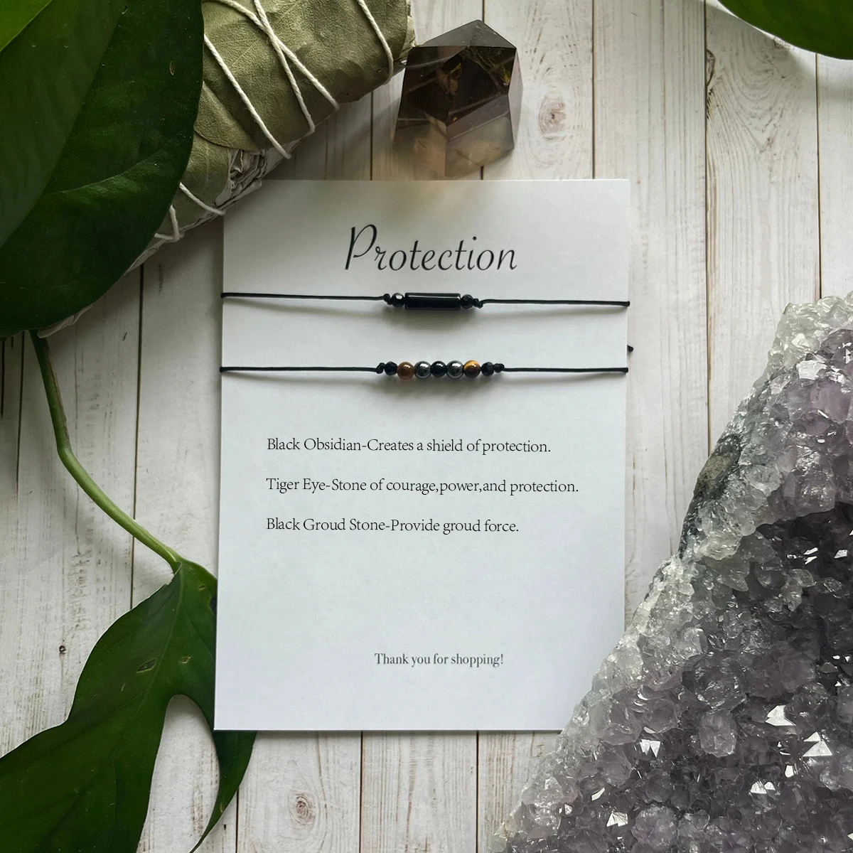 Triple Protection Drawstring Bracelet, Empath Protection Set, Black Obsidian, Gifts for Her or Him, without card, 1set(2pcs)