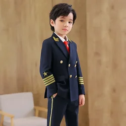 Kids Pilot Costumes Carnival Autumn/Winter New British Suit Boys Captain and Flight Attendants Party Performance Uniform Set