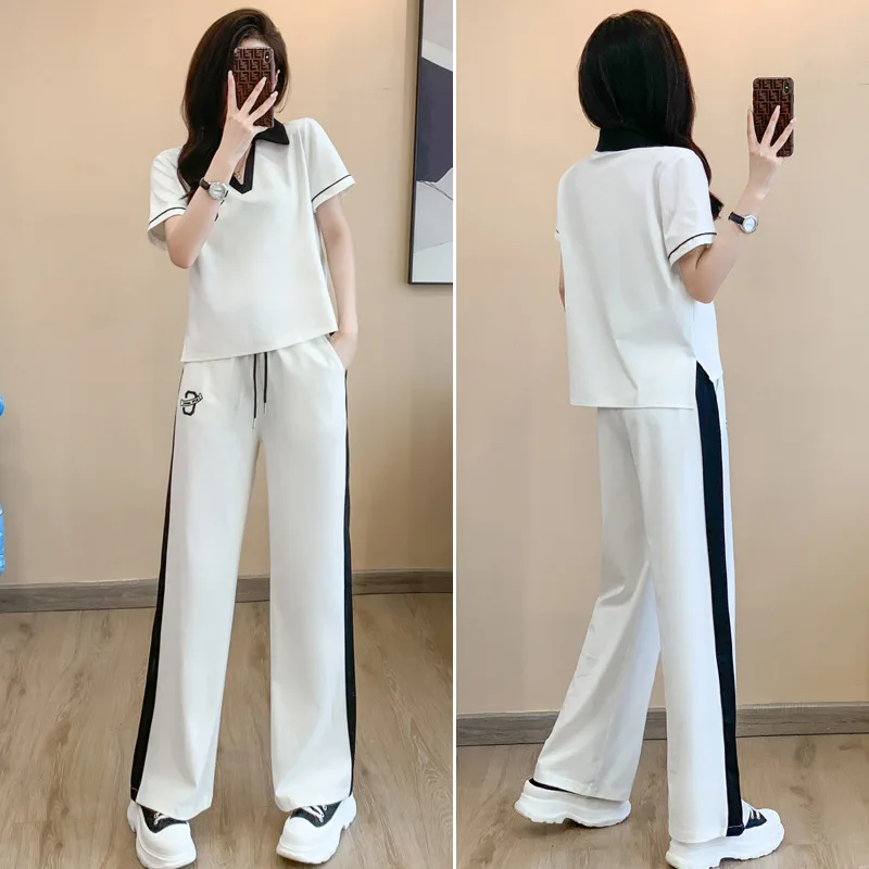 

2025 white new slimming short sleeved sports and leisure suit for women in summer thin and wide leg pants two-piece set stylish