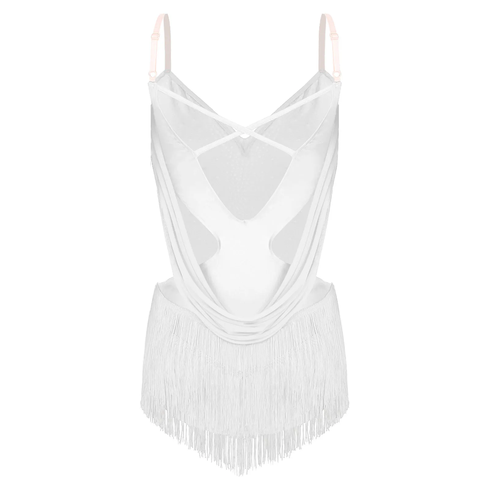 Women Latin Dance Figure Skating Leotard Dress Rhinestones Ruched Mesh Tassel Bodysuit for Cha-cha Samba Rumba Tango Gymnastics