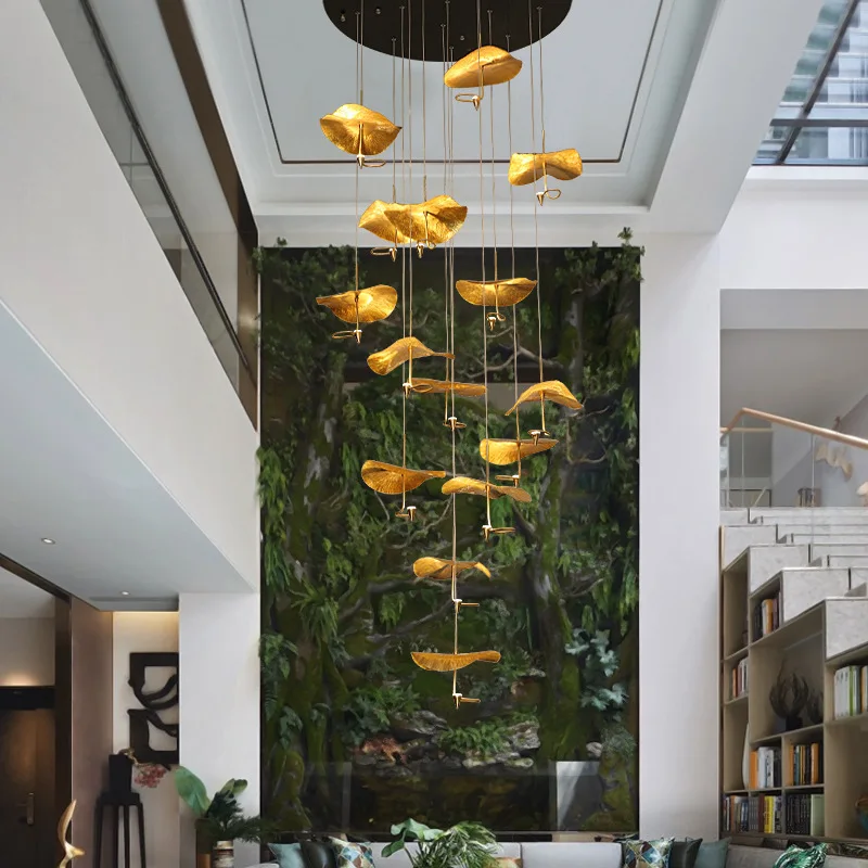 Candelabro largo de escalera de hoja de loto totalmente de cobre Zen, edificio dúplex de restaurante de lujo ligero