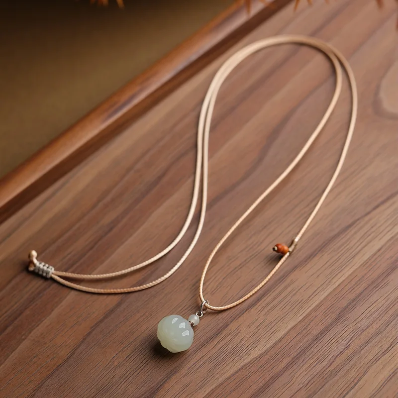 Chinese Style Lucky Natural Hetian Jade Pumpkin Pendant Hand Woven Adjustable Leather Rope Phone Charm Fortune Blessing Amulet