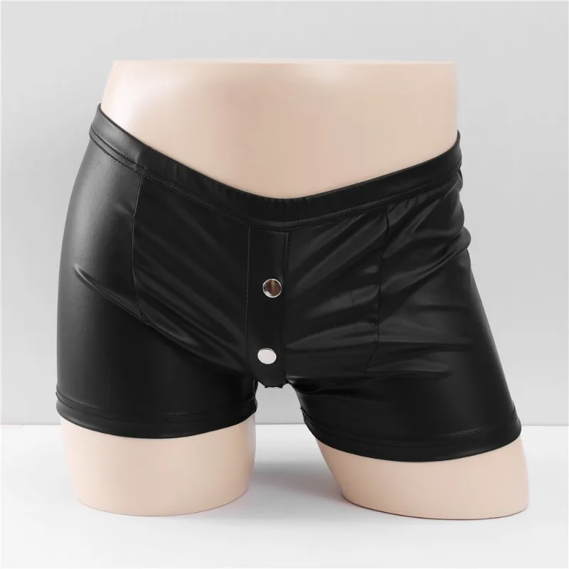 Sexy Men Boxers Button Fly Open Crotch Lingerie Club Show Stage U Convex Pouch Black Patent Leather Shorts Roleplay Underwear