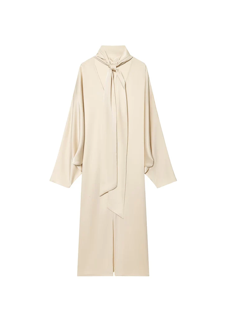 TFMLN-vestido de noche elegante para mujer, vestido largo de fiesta de satén de manga larga con cuello levantado liso, bata holgada con espalda descubierta