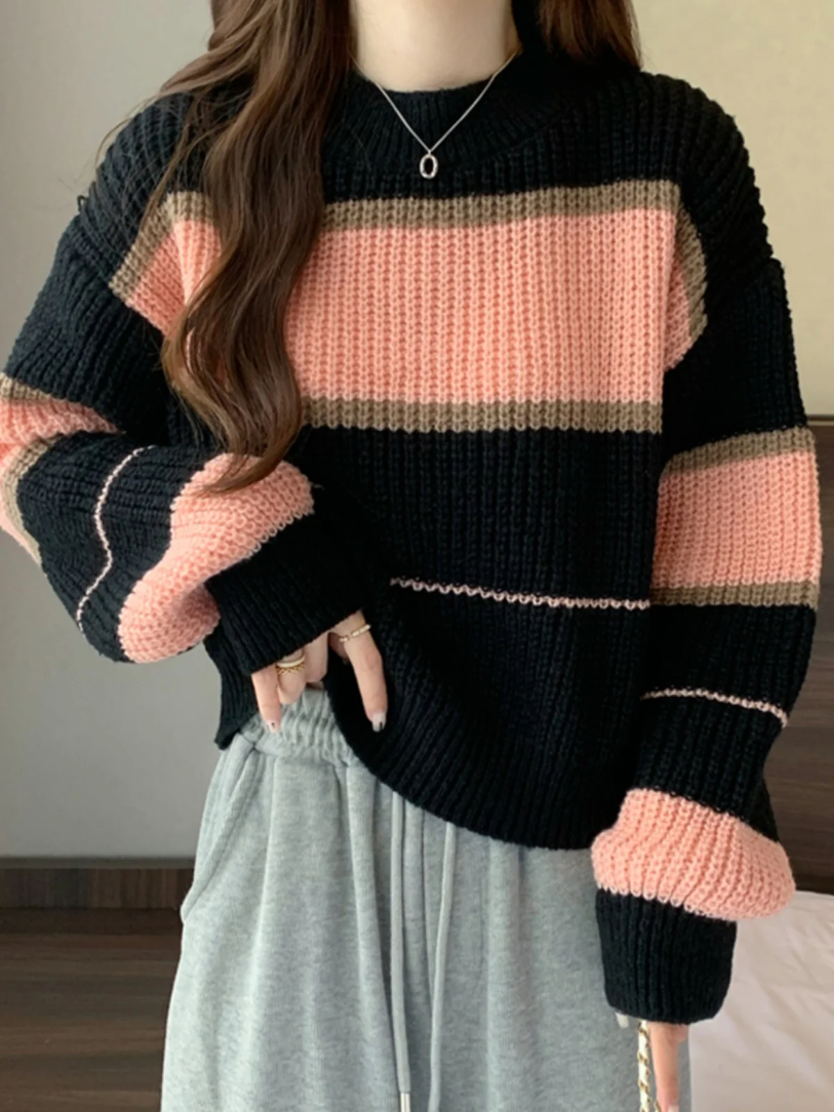 

Women's ort round Ne Striped Sweater Loose Lazy Sle Outerwear Knitted Winter Faion Small Size Casual Top