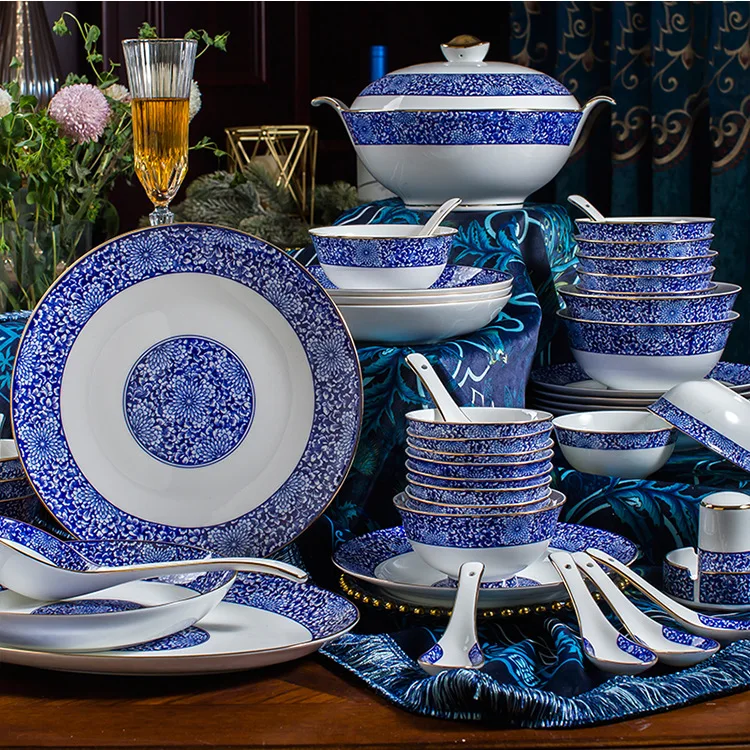 

Jingdezhen 58 skull bone china tableware set, bowls and dishes, home gift giving, medium-glazed gold blue and white porcelain