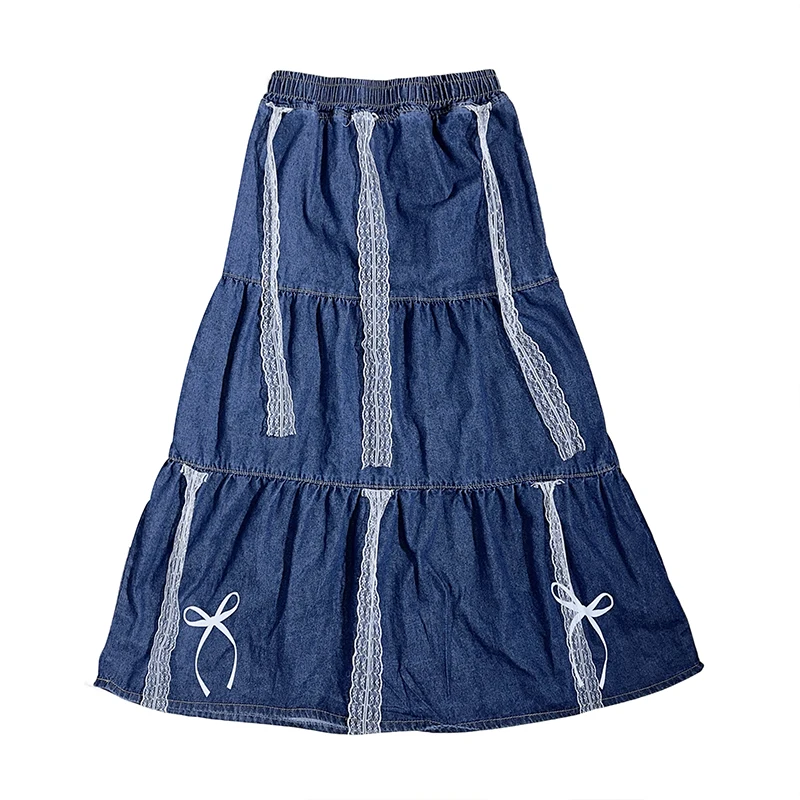 Sweet Bow Retro Denim Can Change Temperament Multi-hour Wear Skirt Japanese Subculture Versatile Skirt Lace Up Lace A-line Skirt