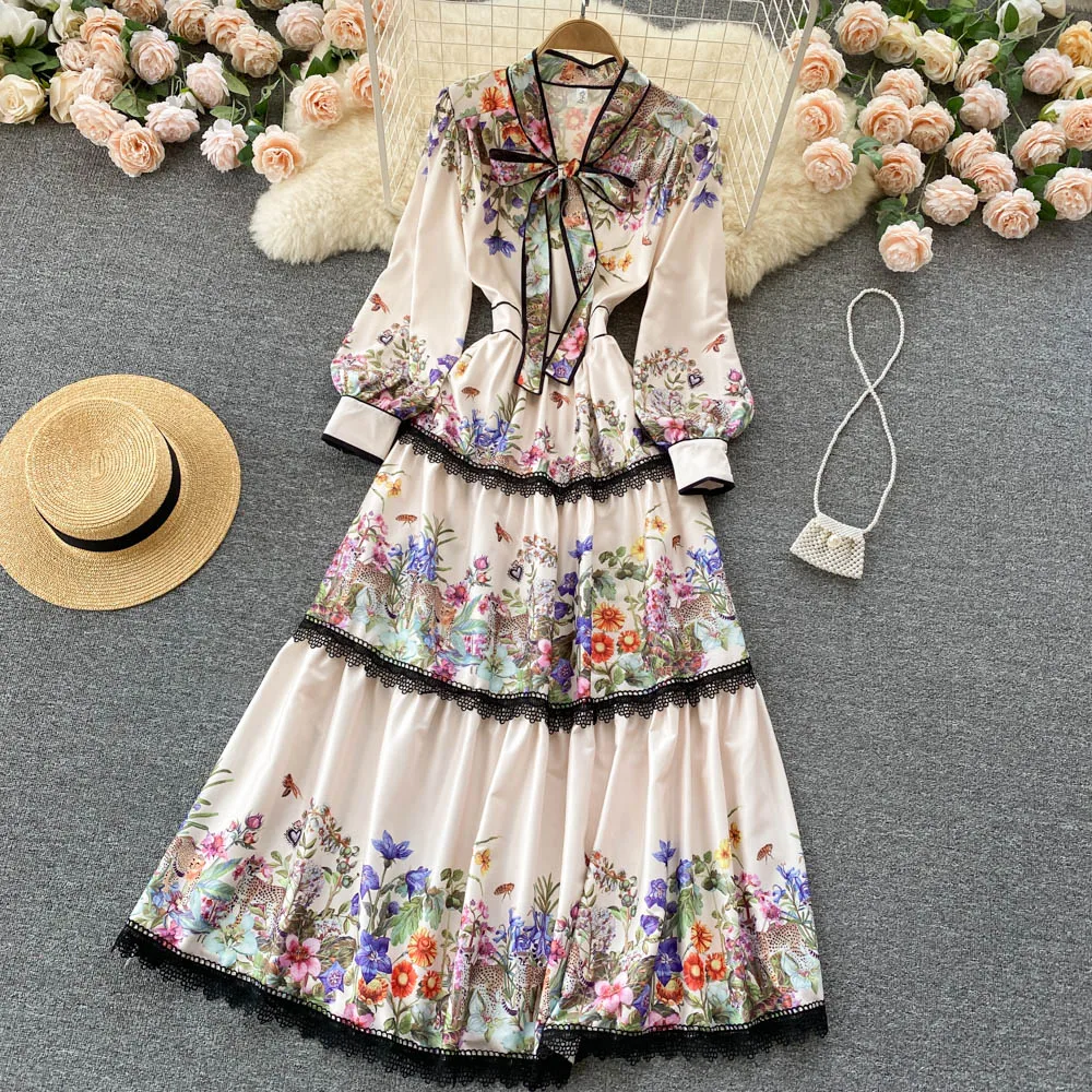 Ele Floral Print Long Dr with Belt And Bow High Waist Slimming Lace Trim V Ne a Line Skirt for Commuting Spring 