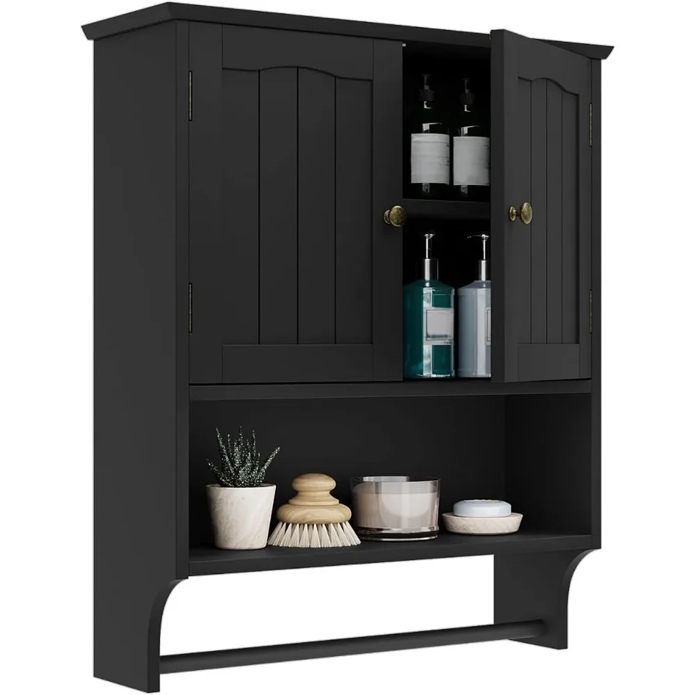 Black Wall Cabinet with Towel Bar Adjustable Shelves Over Toilet Storage for Bathroom Laundry Kitchen